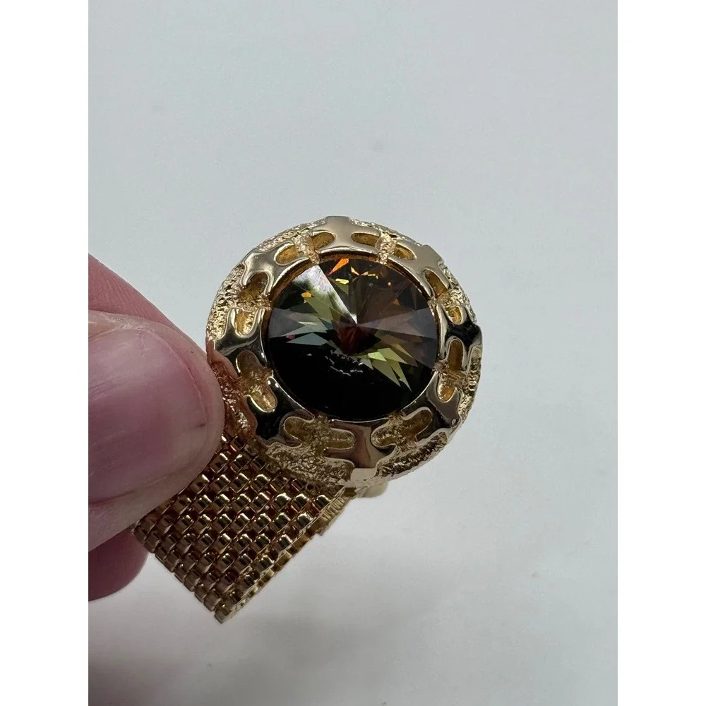 Vintage Gold Tone Mesh‎ Wrap Cufflinks Smoky Rhinestone Statement Men's